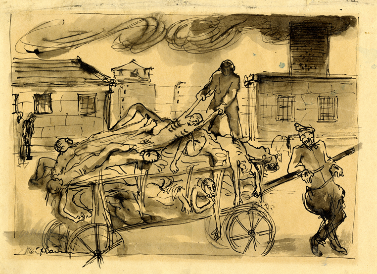 Zeichnung von Leo Haas: „Před krematoriem“ (Vor dem Krematorium), 1945 (Památnik Terezín)