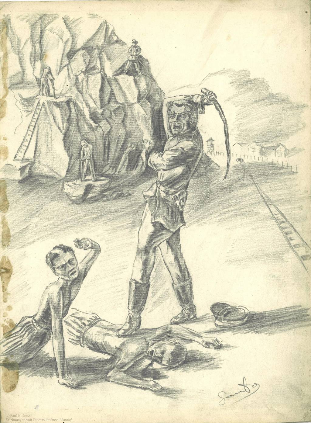Misshandlung im Steinbruch, Zeichnung von Tomás Jiménez Santos, zwischen 1946 und 1948 (Paul Jimenez)